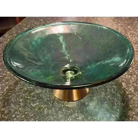 Teal Glass Fruit Bowl Gold Base Tall Candy Fruit Tray 10" Diameter 4.5" Tall - Picture 2 of 7